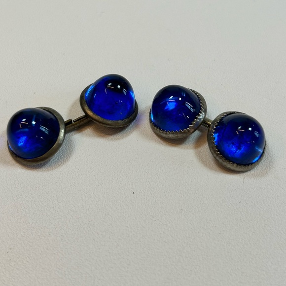 Vintage Two Pairs + Cobalt Blue Glass Chain Link Cufflinks Domed Art Deco - Picture 2 of 8
